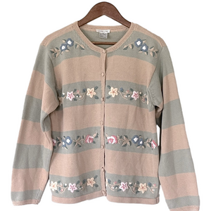 Vintage Talbots Cardigan Floral Embroidered Cotton Tan Green Striped M
